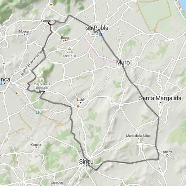 Miniatura della mappa di ispirazione al ciclismo "Bicicletta e cultura a Mallorca: Muro e Sineu" nella regione di Illes Balears, Spain. Generata da Tarmacs.app, pianificatore di rotte ciclistiche