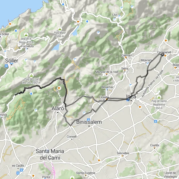 Map miniature of "Campanet - Inca - Castell d'Alaró - Puig d´Alaró" cycling inspiration in Illes Balears, Spain. Generated by Tarmacs.app cycling route planner