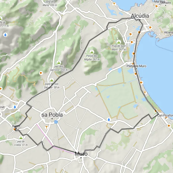 Miniatura mapy "Wycieczka Rowerowa Campanet - Búger - pujol de Son Sabater - Pol·lèntia - Es Canal Gran - Muro - pas de n'Alòs - Campanet" - trasy rowerowej w Illes Balears, Spain. Wygenerowane przez planer tras rowerowych Tarmacs.app