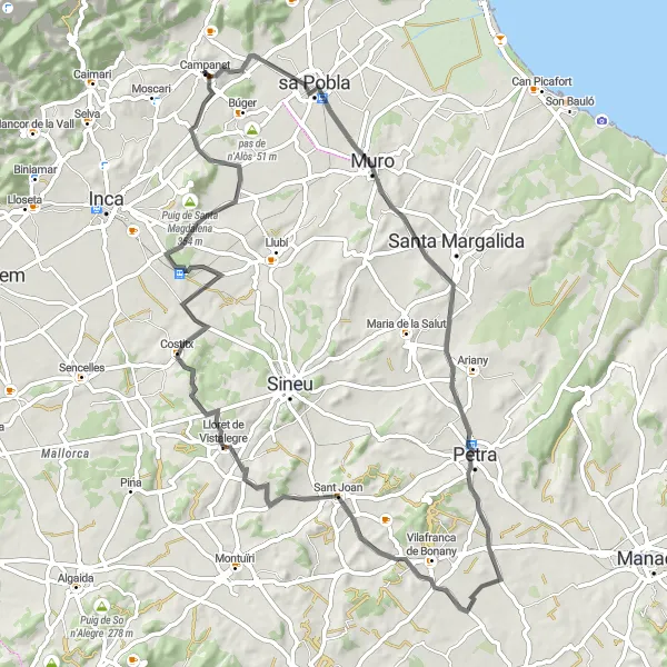 Map miniature of "Campanet - Puig de son Corró - Muro - Mirador de sa Creu - Petra - Sant Joan - Lloret de Vistalegre - Costitx" cycling inspiration in Illes Balears, Spain. Generated by Tarmacs.app cycling route planner