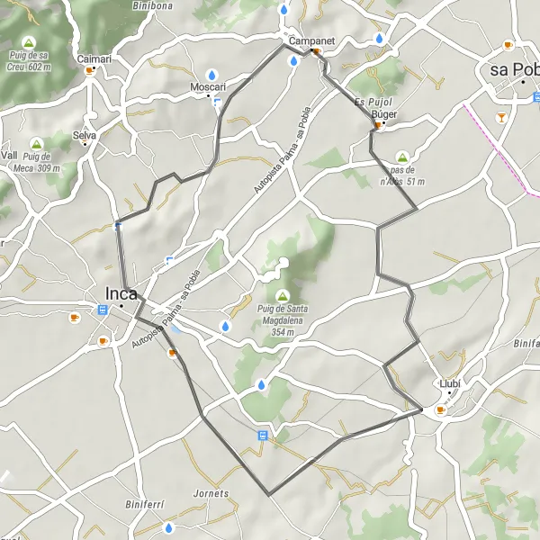 Miniatua del mapa de inspiración ciclista "Ruta en bicicleta de carretera por Inca y Moscari" en Illes Balears, Spain. Generado por Tarmacs.app planificador de rutas ciclistas