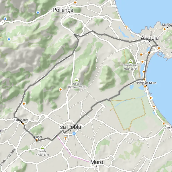Miniatua del mapa de inspiración ciclista "Ruta en bicicleta de carretera por Alcúdia y sa Pobla" en Illes Balears, Spain. Generado por Tarmacs.app planificador de rutas ciclistas