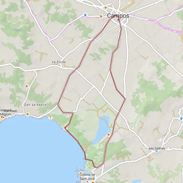 Karten-Miniaturansicht der Radinspiration "Entdecken Sie die Natur rund um Campos" in Illes Balears, Spain. Erstellt vom Tarmacs.app-Routenplaner für Radtouren