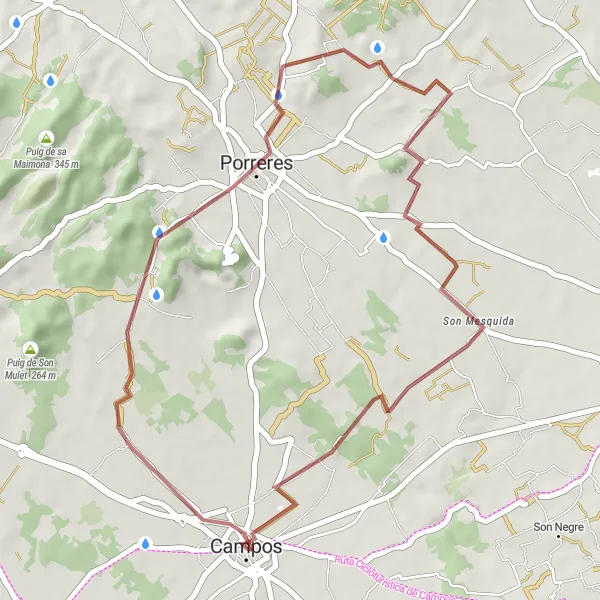 Miniatua del mapa de inspiración ciclista "Experiencia en bicicleta de grava desde Campos a Porreres" en Illes Balears, Spain. Generado por Tarmacs.app planificador de rutas ciclistas