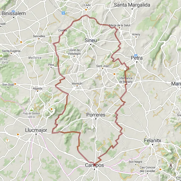 Karten-Miniaturansicht der Radinspiration "Herausfordernde Bergtour um Campos" in Illes Balears, Spain. Erstellt vom Tarmacs.app-Routenplaner für Radtouren