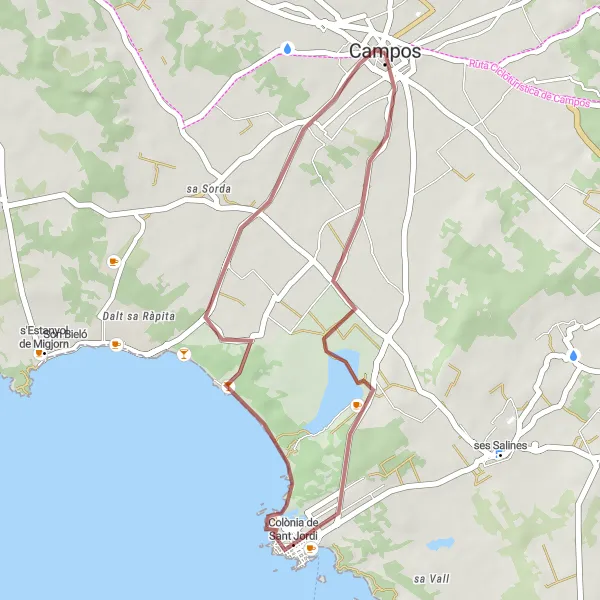 Miniatua del mapa de inspiración ciclista "Circuito en bicicleta de gravilla por Campos" en Illes Balears, Spain. Generado por Tarmacs.app planificador de rutas ciclistas