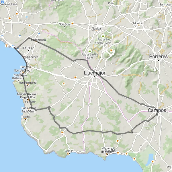Map miniature of "Llucmajor Road Loop" cycling inspiration in Illes Balears, Spain. Generated by Tarmacs.app cycling route planner