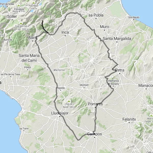 Miniatua del mapa de inspiración ciclista "Ruta en bicicleta de carretera desde Campos" en Illes Balears, Spain. Generado por Tarmacs.app planificador de rutas ciclistas