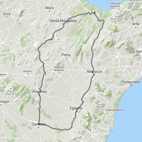 Miniatura mapy "Trasa rowerowa Campos - Porreres - Sant Joan - Puig de Defla - Santa Margalida - Puig de Son Sureda - Can Barceló - Felanitx - sa Mola - Campos" - trasy rowerowej w Illes Balears, Spain. Wygenerowane przez planer tras rowerowych Tarmacs.app