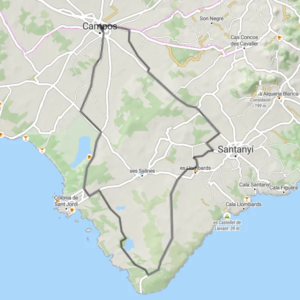 Miniaturní mapa "Krátká cesta po okolí Campos" inspirace pro cyklisty v oblasti Illes Balears, Spain. Vytvořeno pomocí plánovače tras Tarmacs.app