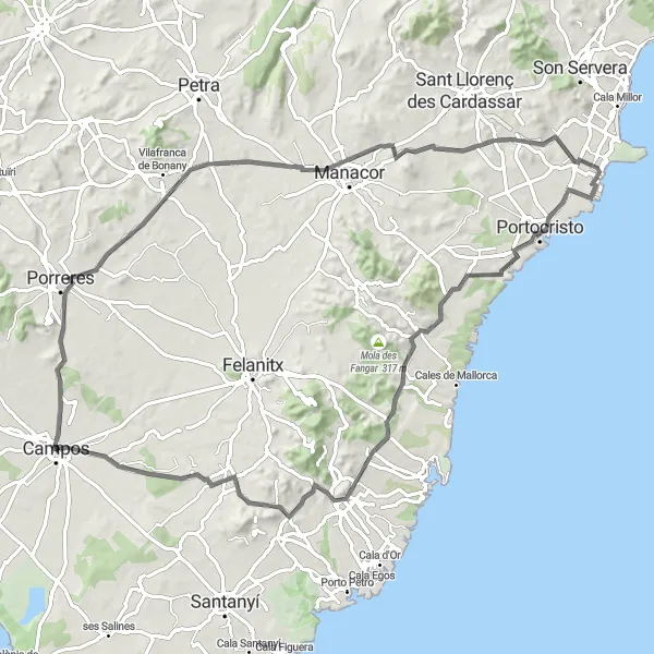 Miniatura della mappa di ispirazione al ciclismo "Giro in bicicletta attraverso Porreres, Manacor e la Cava del Drago" nella regione di Illes Balears, Spain. Generata da Tarmacs.app, pianificatore di rotte ciclistiche