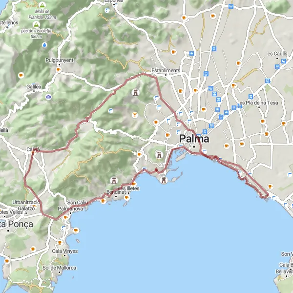 Miniatura della mappa di ispirazione al ciclismo "Tour in bicicletta tra la natura e le montagne di Maiorca" nella regione di Illes Balears, Spain. Generata da Tarmacs.app, pianificatore di rotte ciclistiche