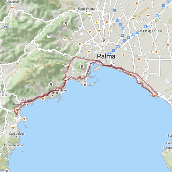 Map miniature of "Palma Nova Loop" cycling inspiration in Illes Balears, Spain. Generated by Tarmacs.app cycling route planner