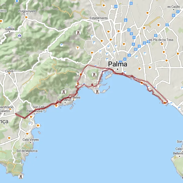 Miniatuurkaart van de fietsinspiratie "Gravel avontuur naar Gènova" in Illes Balears, Spain. Gemaakt door de Tarmacs.app fietsrouteplanner