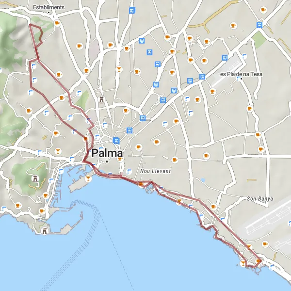 Miniatura della mappa di ispirazione al ciclismo "Gravel Route to Sa Llotja" nella regione di Illes Balears, Spain. Generata da Tarmacs.app, pianificatore di rotte ciclistiche