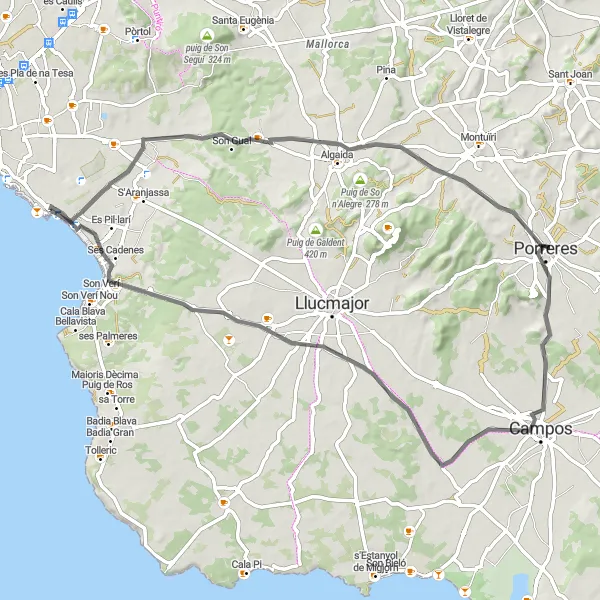 Miniatua del mapa de inspiración ciclista "Ruta en Carretera a Les Meravelles" en Illes Balears, Spain. Generado por Tarmacs.app planificador de rutas ciclistas
