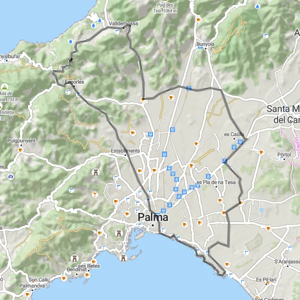 Miniatura della mappa di ispirazione al ciclismo "Itinerario ciclistico attraverso i monti della Sierra Tramuntana" nella regione di Illes Balears, Spain. Generata da Tarmacs.app, pianificatore di rotte ciclistiche