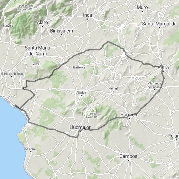 Miniaturekort af cykelinspirationen "Landevejscykelrute til Petra og tilbage" i Illes Balears, Spain. Genereret af Tarmacs.app cykelruteplanlægger