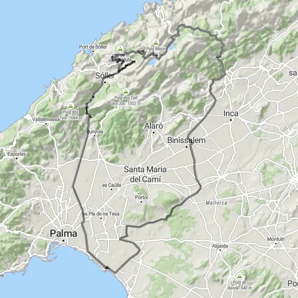 Miniatura della mappa di ispirazione al ciclismo "Road Adventure to Caimari" nella regione di Illes Balears, Spain. Generata da Tarmacs.app, pianificatore di rotte ciclistiche