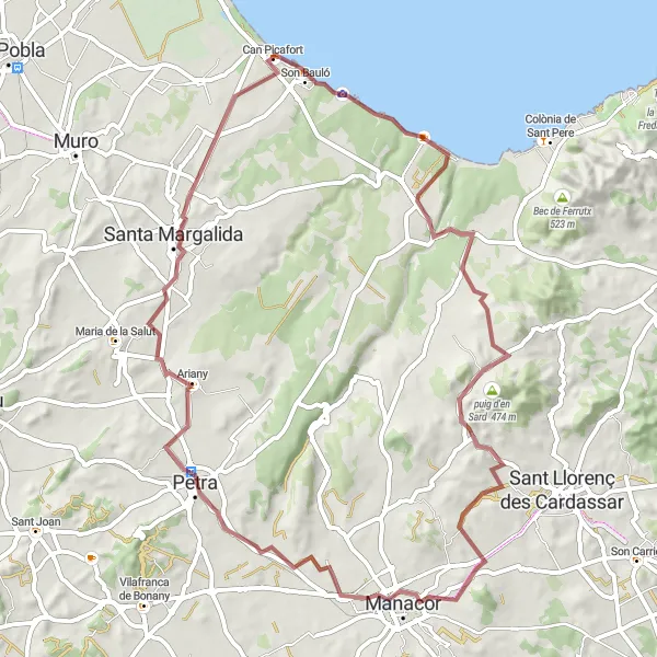 Miniatura mapy "Trasa rowerowa na żwirowe drogi w pobliżu Can Picafort (Illes Balears, Hiszpania)" - trasy rowerowej w Illes Balears, Spain. Wygenerowane przez planer tras rowerowych Tarmacs.app