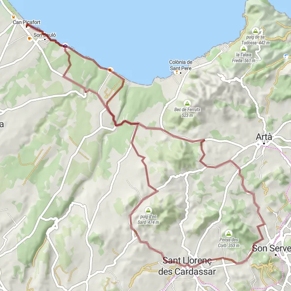 Miniature de la carte de l'inspiration cycliste "Parcours de gravel à Son Real" dans la Illes Balears, Spain. Générée par le planificateur d'itinéraire cycliste Tarmacs.app