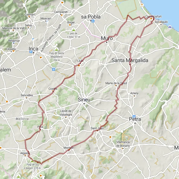 Miniaturní mapa "Gravel u Can Picafort - Montuïri" inspirace pro cyklisty v oblasti Illes Balears, Spain. Vytvořeno pomocí plánovače tras Tarmacs.app