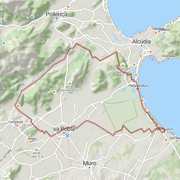 Miniatura della mappa di ispirazione al ciclismo "Tour in bici su strade sterrate a sa Pobla e Platja de Muro" nella regione di Illes Balears, Spain. Generata da Tarmacs.app, pianificatore di rotte ciclistiche