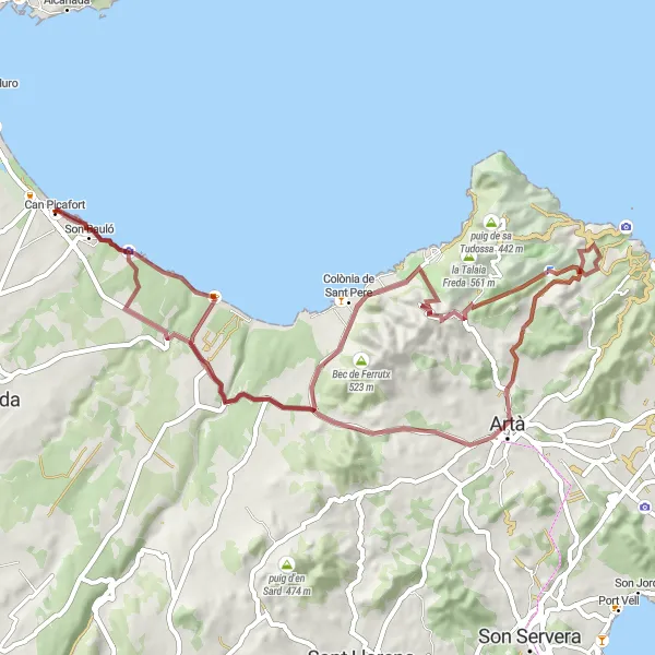 Miniatura della mappa di ispirazione al ciclismo "Avventura in mountain bike da Can Picafort ad Artà" nella regione di Illes Balears, Spain. Generata da Tarmacs.app, pianificatore di rotte ciclistiche
