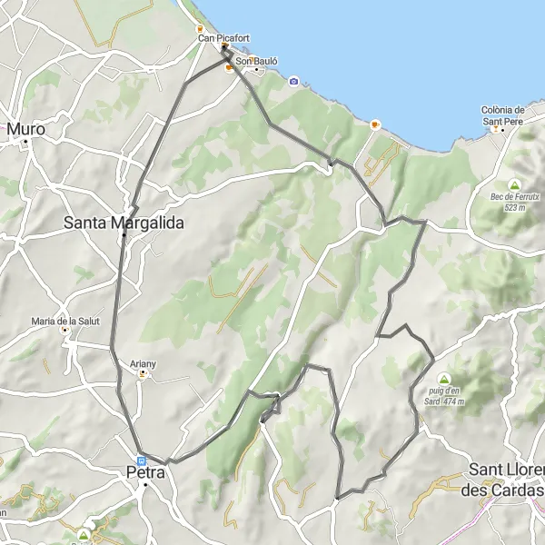 Miniatura della mappa di ispirazione al ciclismo "Giro in bici stradale intorno a Can Picafort" nella regione di Illes Balears, Spain. Generata da Tarmacs.app, pianificatore di rotte ciclistiche