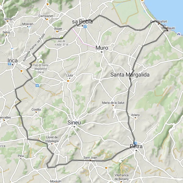 Miniatua del mapa de inspiración ciclista "Ruta en bicicleta por Lloret de Vistalegre y Búger desde Can Picafort" en Illes Balears, Spain. Generado por Tarmacs.app planificador de rutas ciclistas