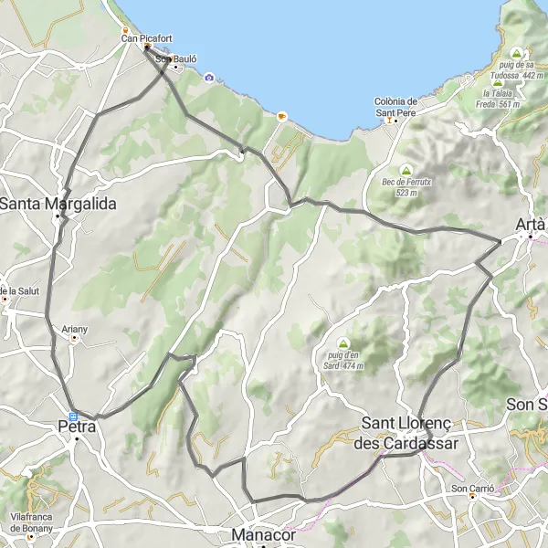 Map miniature of "Can Picafort - Can Picafort via Son Real and Petra" cycling inspiration in Illes Balears, Spain. Generated by Tarmacs.app cycling route planner