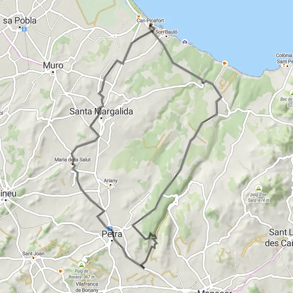 Miniatua del mapa de inspiración ciclista "Ruta en bicicleta por los pueblos de Petra y Santa Margalida" en Illes Balears, Spain. Generado por Tarmacs.app planificador de rutas ciclistas