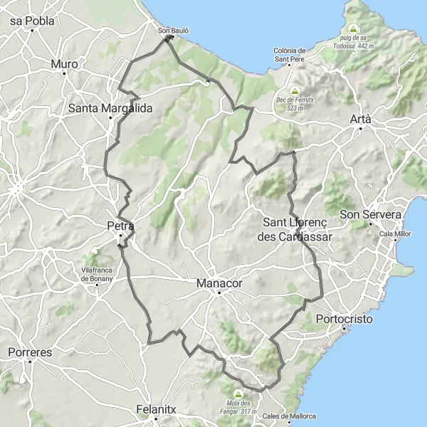 Karten-Miniaturansicht der Radinspiration "Abenteuerliche Fahrt nach Petra und Son Bauló" in Illes Balears, Spain. Erstellt vom Tarmacs.app-Routenplaner für Radtouren