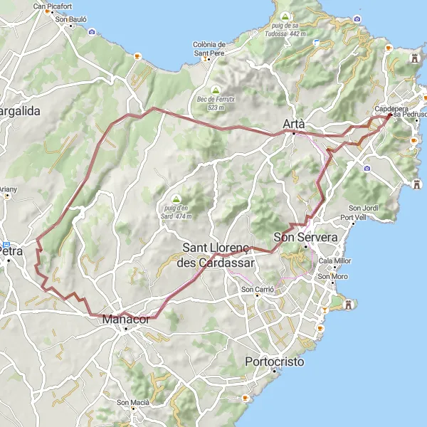 Map miniature of "Capdepera and Surrounding Gravel Adventure" cycling inspiration in Illes Balears, Spain. Generated by Tarmacs.app cycling route planner