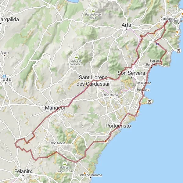 Miniatura mapy "Trasa przez Castell de Capdepera, Puig de Son Pentinat, Puig de Son Galiana, Manacor, Mola des Fangar, Drach (Dragon's) Cave, Punta des Pagell, Cala Millor, Son Jordi, Puig de Can Cardaix i Capdepera" - trasy rowerowej w Illes Balears, Spain. Wygenerowane przez planer tras rowerowych Tarmacs.app