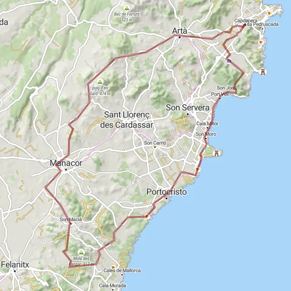 Miniatura mapy "Trasa Gravel: Capdepera – Cala Millor – Punta des Pagell – Jaskinia Drach – Son Macià – Manacor – Puig Foradat – Torre d'es Mirador – Capdepera" - trasy rowerowej w Illes Balears, Spain. Wygenerowane przez planer tras rowerowych Tarmacs.app