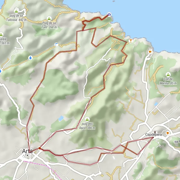 Miniatua del mapa de inspiración ciclista "Ruta de gravilla desde Capdepera" en Illes Balears, Spain. Generado por Tarmacs.app planificador de rutas ciclistas