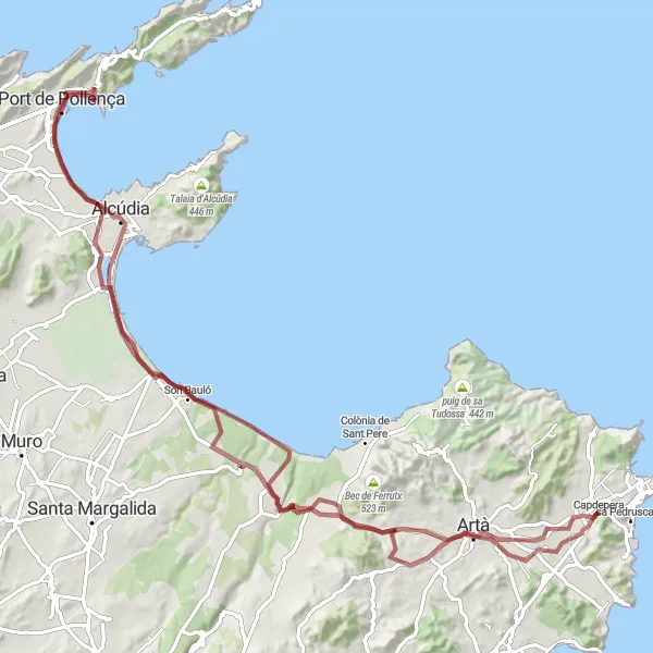 Miniatura mapy "Trasa Gravel: Capdepera – Coll de Morell – Necròpolis de Son Real – Es Canal Gran – Port de Pollença – el Morral – Pol·lèntia – s'Ullastrar – Son Real – Morell – Artà – Torre d'es Mirador – Capdepera" - trasy rowerowej w Illes Balears, Spain. Wygenerowane przez planer tras rowerowych Tarmacs.app