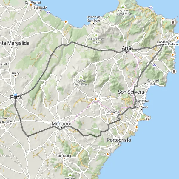 Miniatura mapy "Trasa Road: Capdepera – Son Servera – Puig de la Bassa – Manacor – Petra – Morell – Torre d'es Mirador – Capdepera" - trasy rowerowej w Illes Balears, Spain. Wygenerowane przez planer tras rowerowych Tarmacs.app