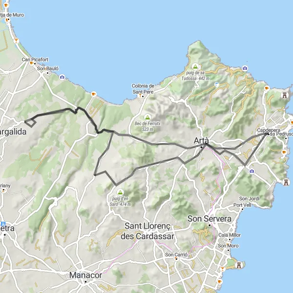 Karten-Miniaturansicht der Radinspiration "Entspannte Straßenroute durch Mallorcas Schönheit" in Illes Balears, Spain. Erstellt vom Tarmacs.app-Routenplaner für Radtouren