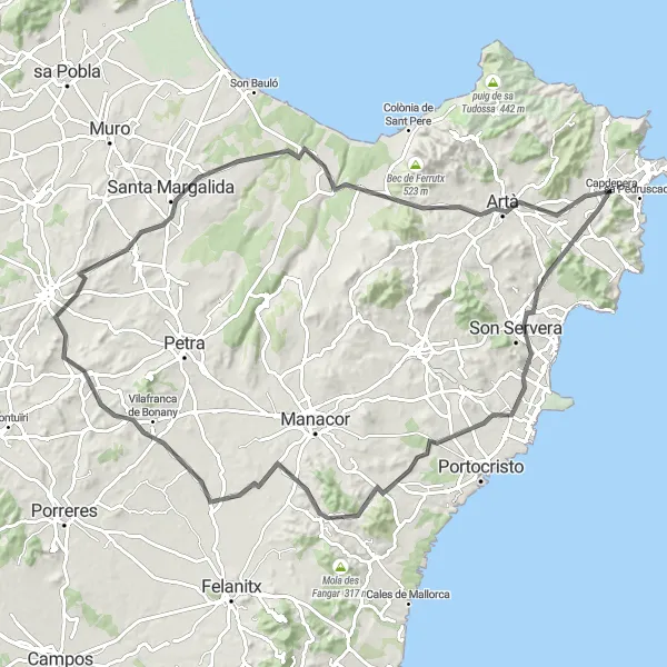 Miniatura mapy "Trasa przez Son Servera, puig de la Bassa, Muntanya de sa Vall, Son Macià, Sant Joan, Santa Margalida, Morell, Artà i Capdepera" - trasy rowerowej w Illes Balears, Spain. Wygenerowane przez planer tras rowerowych Tarmacs.app