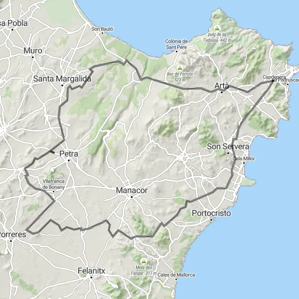 Karten-Miniaturansicht der Radinspiration "Herausfordernde Straßenroute durch Mallorcas Landschaft" in Illes Balears, Spain. Erstellt vom Tarmacs.app-Routenplaner für Radtouren