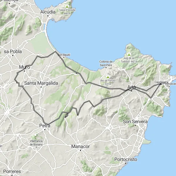 Miniatura della mappa di ispirazione al ciclismo "Giro in bicicletta attraverso Torre d'es Mirador e Muro" nella regione di Illes Balears, Spain. Generata da Tarmacs.app, pianificatore di rotte ciclistiche