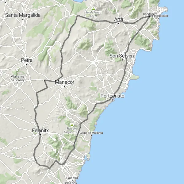 Miniatura mapy "Trasa Road: Capdepera – Castell de Capdepera – Puig de la Bassa – Punta des Pagell – Portocristo – s'Horta – Puig de sa Talaia – Felanitx – Mallorca Balloons airport – Puig de Son Sureda – Morell – Artà – Capdepera" - trasy rowerowej w Illes Balears, Spain. Wygenerowane przez planer tras rowerowych Tarmacs.app