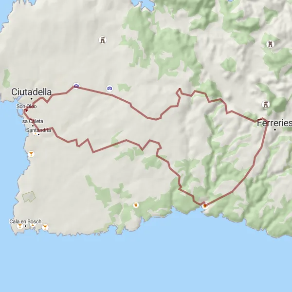 Miniatura della mappa di ispirazione al ciclismo "Giro in mountain bike da Ciutadella" nella regione di Illes Balears, Spain. Generata da Tarmacs.app, pianificatore di rotte ciclistiche