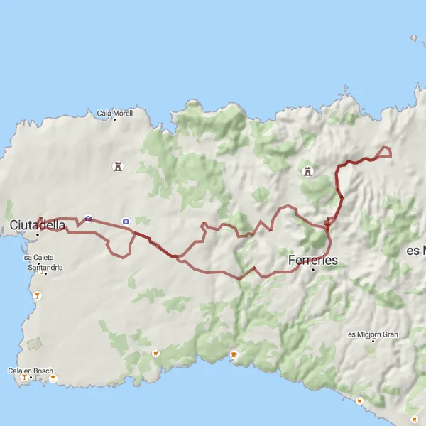 Miniatua del mapa de inspiración ciclista "Ruta en bicicleta de grava desde Ciutadella" en Illes Balears, Spain. Generado por Tarmacs.app planificador de rutas ciclistas