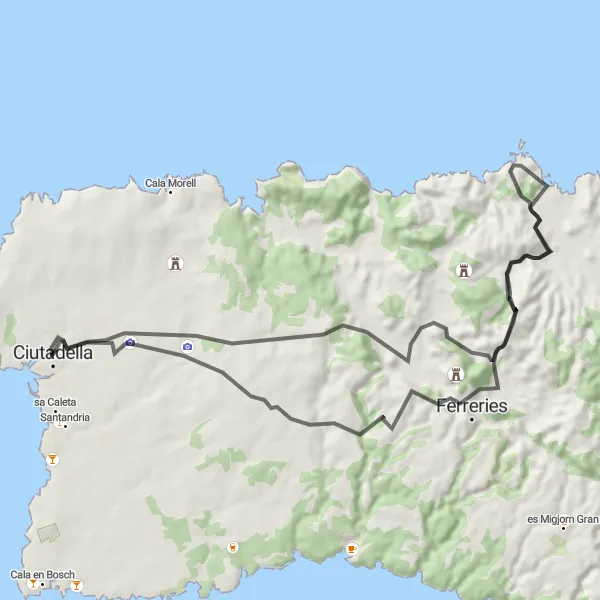 Miniatua del mapa de inspiración ciclista "Ruta en bicicleta de carretera desde Ciutadella" en Illes Balears, Spain. Generado por Tarmacs.app planificador de rutas ciclistas