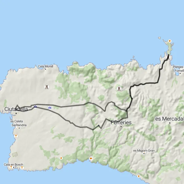 Miniatura della mappa di ispirazione al ciclismo "Avventura ciclistica a Ciutadella" nella regione di Illes Balears, Spain. Generata da Tarmacs.app, pianificatore di rotte ciclistiche