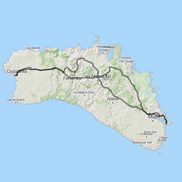 Miniatua del mapa de inspiración ciclista "Desafío en bicicleta de carretera desde Ciutadella" en Illes Balears, Spain. Generado por Tarmacs.app planificador de rutas ciclistas