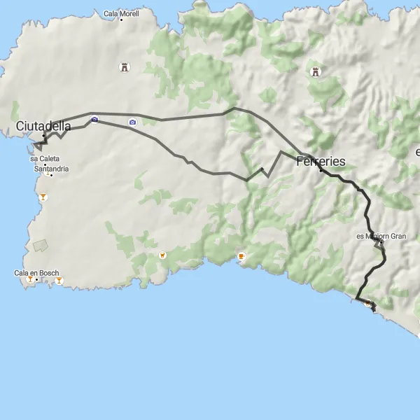 Miniatura della mappa di ispirazione al ciclismo "Giro in bicicletta di 62 km nei dintorni di Ciutadella" nella regione di Illes Balears, Spain. Generata da Tarmacs.app, pianificatore di rotte ciclistiche